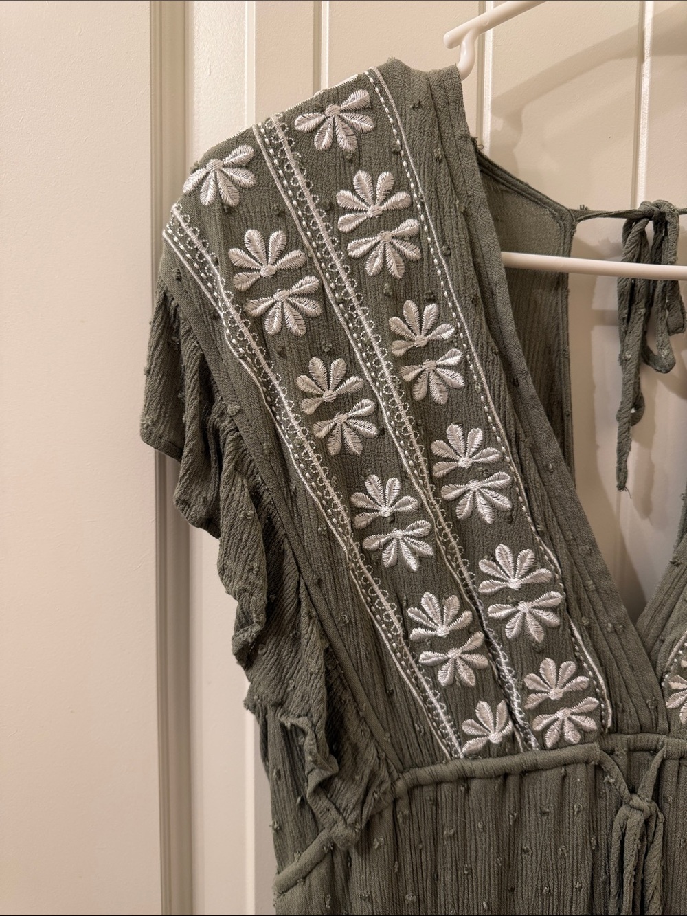 Midi Dress with White Floral Embroidery - Olive Green